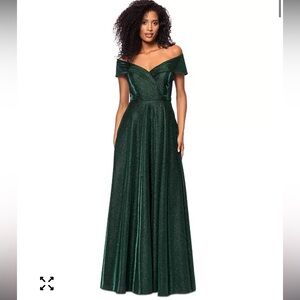 New Xscape Emerald Forest Green Metallic Off Shoulder Gown 6